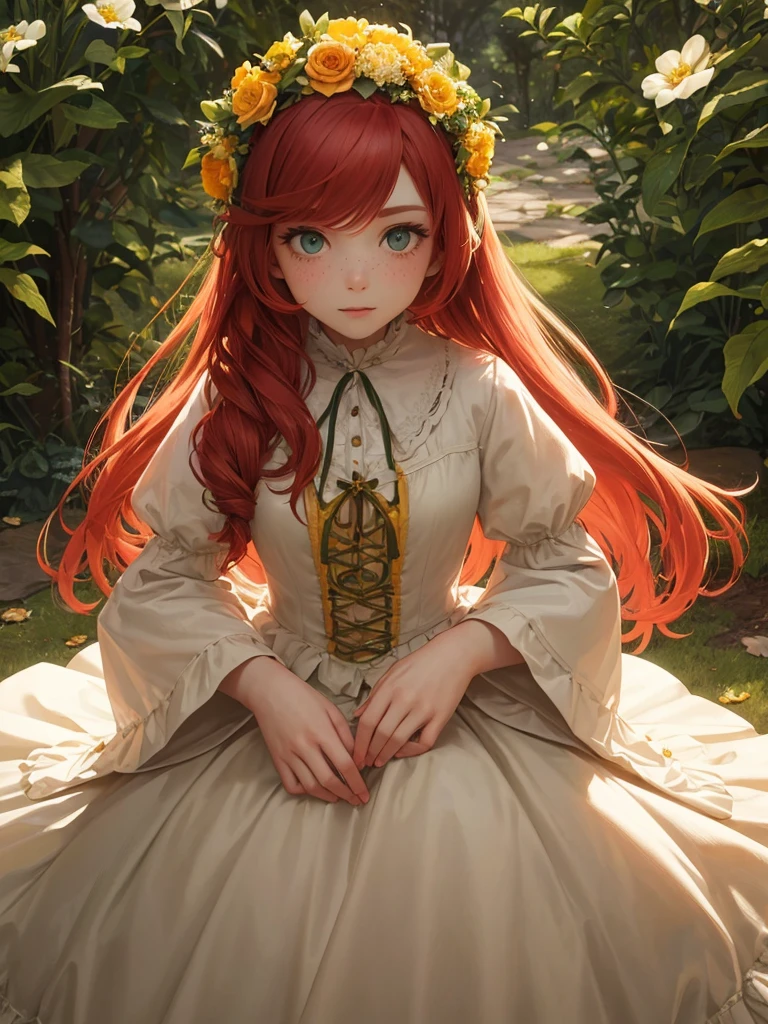 Redhead woman long hair flower crown. with freckles. green eyes age 18 to 25. Wearing yellow Victorian era dress