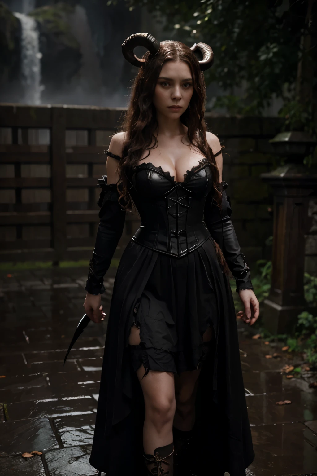 woman with curly brown hair, slightly ashy wet hair, pale skin color, Red eyes, fright, in a long black dress and corset and belts, with curly horns like a ram, dark fantasy character design, dark elf tiefling, , epic exquisite character art, dark fantasy art, looks like Elizabeth Olsen, Dark Sorceress Full View, Amazing character art. doused with water after rain
