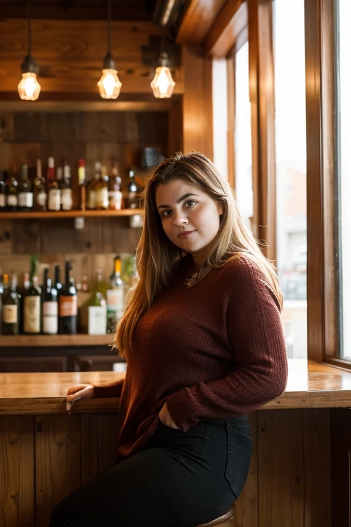 An overweight drunk Russian girl with a beautiful face in autumn clothes stands with her back to the camera leaning sideways against the wall in a bar