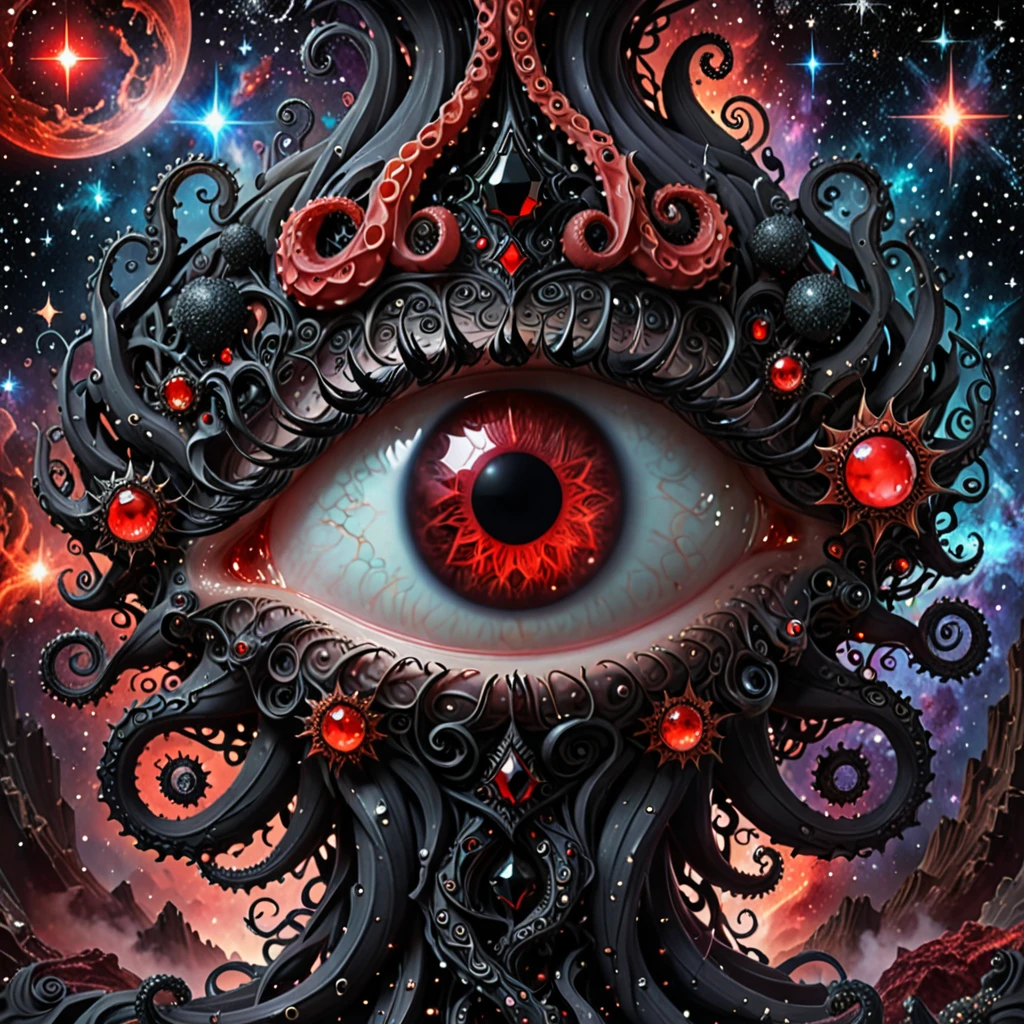 A high-resolution image red and black color. (1eye) intense and piercing, set against a backdrop of The (scale:1.8) form intricate, complex patterns representing wisdom and the universe. Interspersed among the tentacles are black gems, their facets catching light and adding depth. The background is a cosmic scene with stars and nebulas, enhancing the theme of the universe. The lighting is soft, highlighting the red eyes and the gleaming black gems, creating a mystical and profound atmosphere.