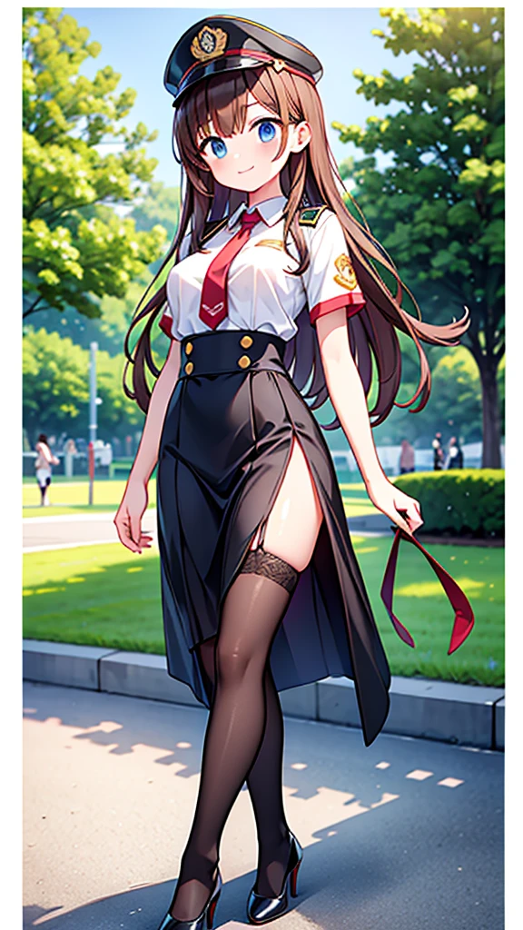 {Highest quality], [Super beautiful], [Ultra fine], [Best illustration], NSFW, Brown Hair, Hime cut, Long Hair, With bangs, girl, Uniform cap, Security uniform, smile, blush, Slender women, Short sleeve, Long straight skirt, Adult women, walk, (Public) Night Park, Summer festival, diagonal, Bare feet and pumps, Plain black pumps, ((stockings)), Seductive