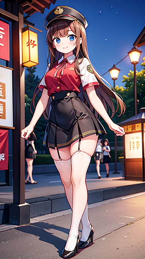 {Highest quality], [Super beautiful], [Ultra fine], [Best illustration], NSFW, Brown Hair, Hime cut, Long Hair, With bangs, girl, Uniform cap, Security uniform, smile, blush, Slender women, Short sleeve, Long straight skirt, Adult women, walk, (Public) Night Park, Summer festival, diagonal, Bare feet and pumps, Plain black pumps, ((stockings)), Seductive