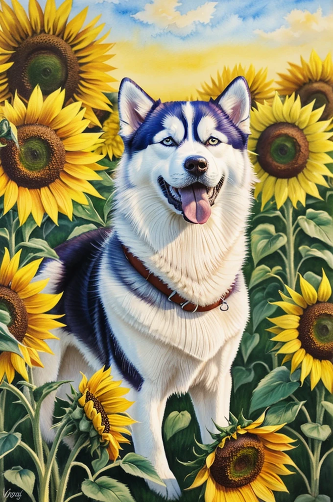 9 month old siberian husky dog painting, with his tongue hanging out, with sunflowers background, in watercolor