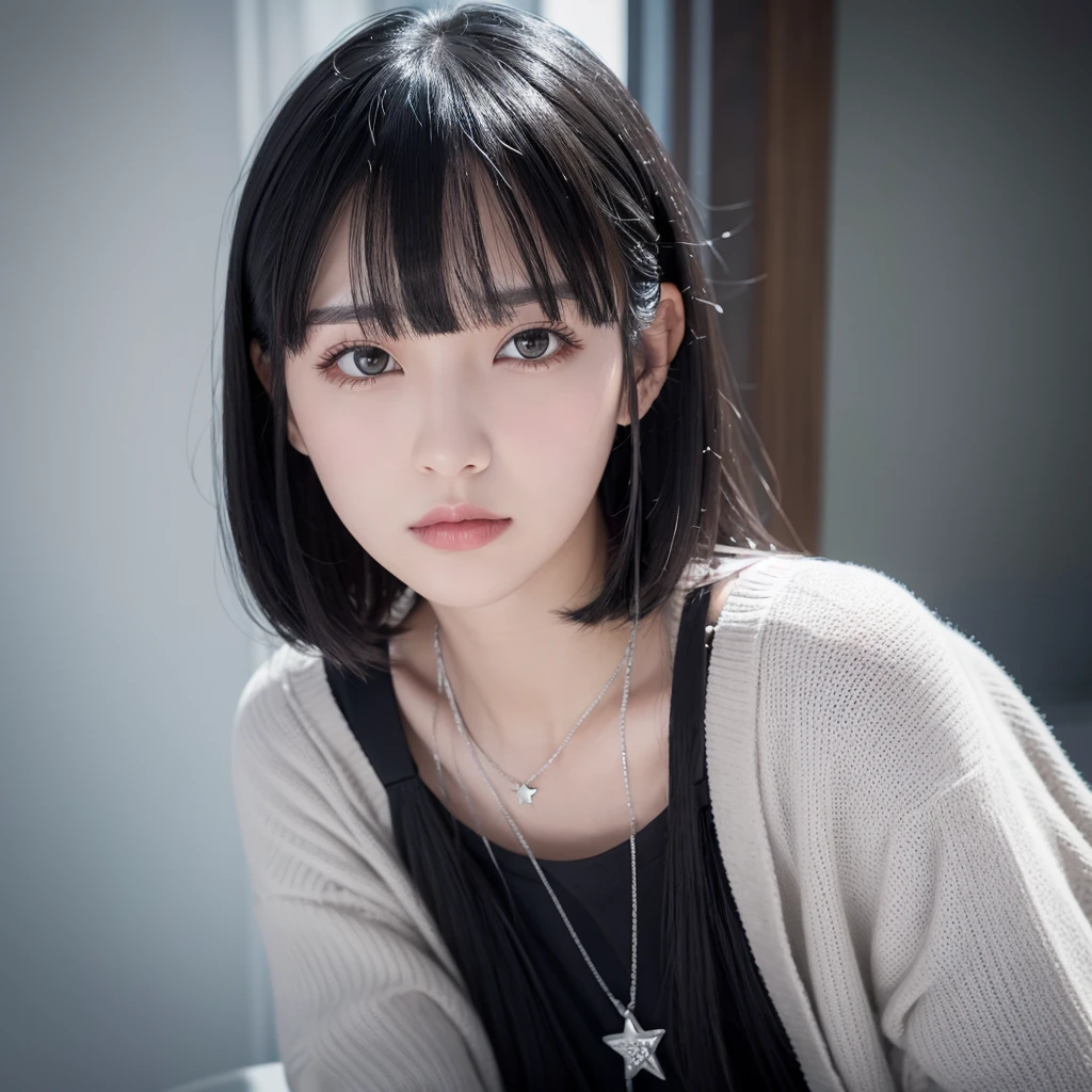 some white girl with black hair who wears bangs, taking a selfie, she is wearing a star necklace, the photo is supposed to be gray and black, SHE IS SERIOUS, the image has to be as realistic as possible