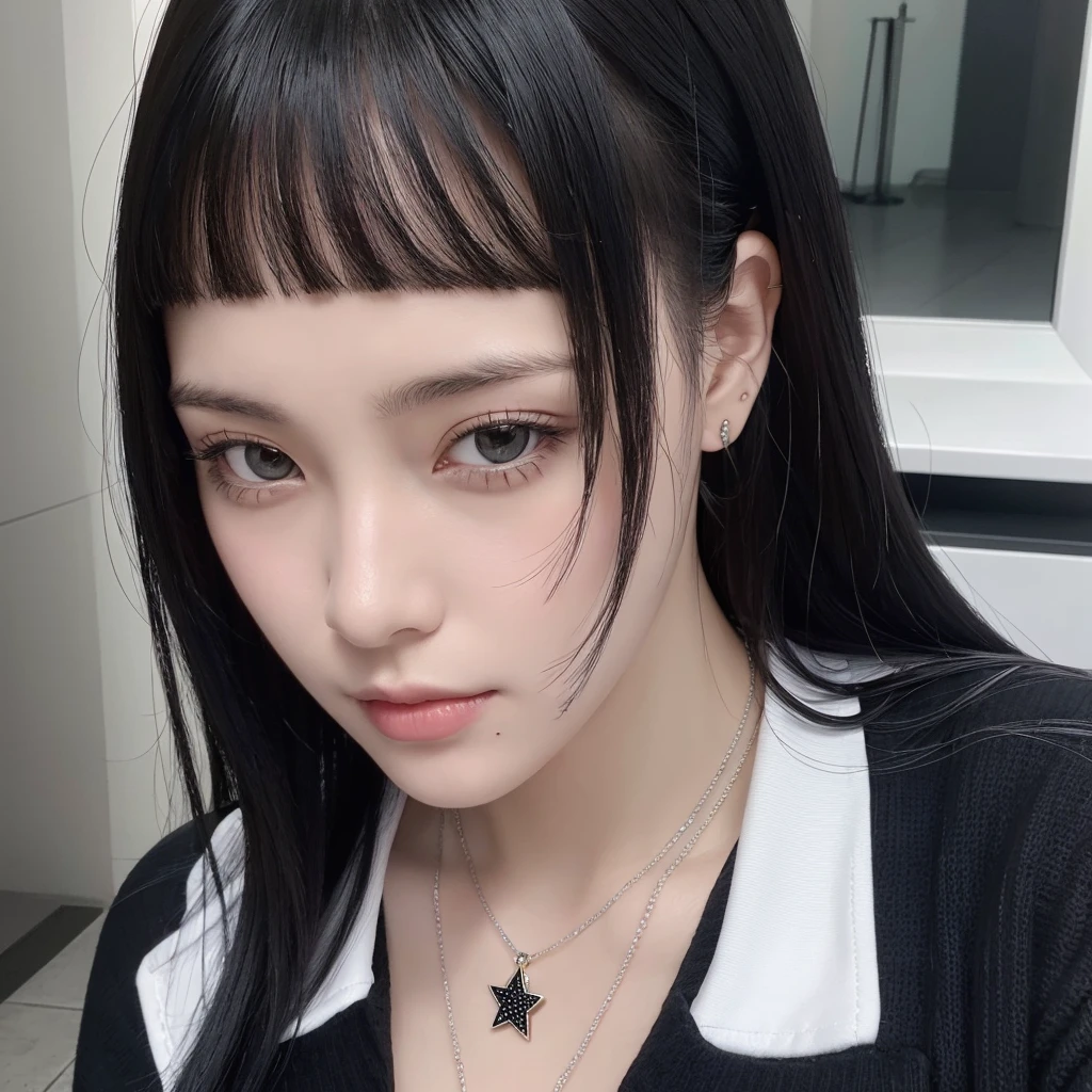 some white girl with black hair who wears bangs, taking a selfie, she is wearing a star necklace, the photo is supposed to be gray and black, SHE IS SERIOUS, the image has to be as realistic as possible