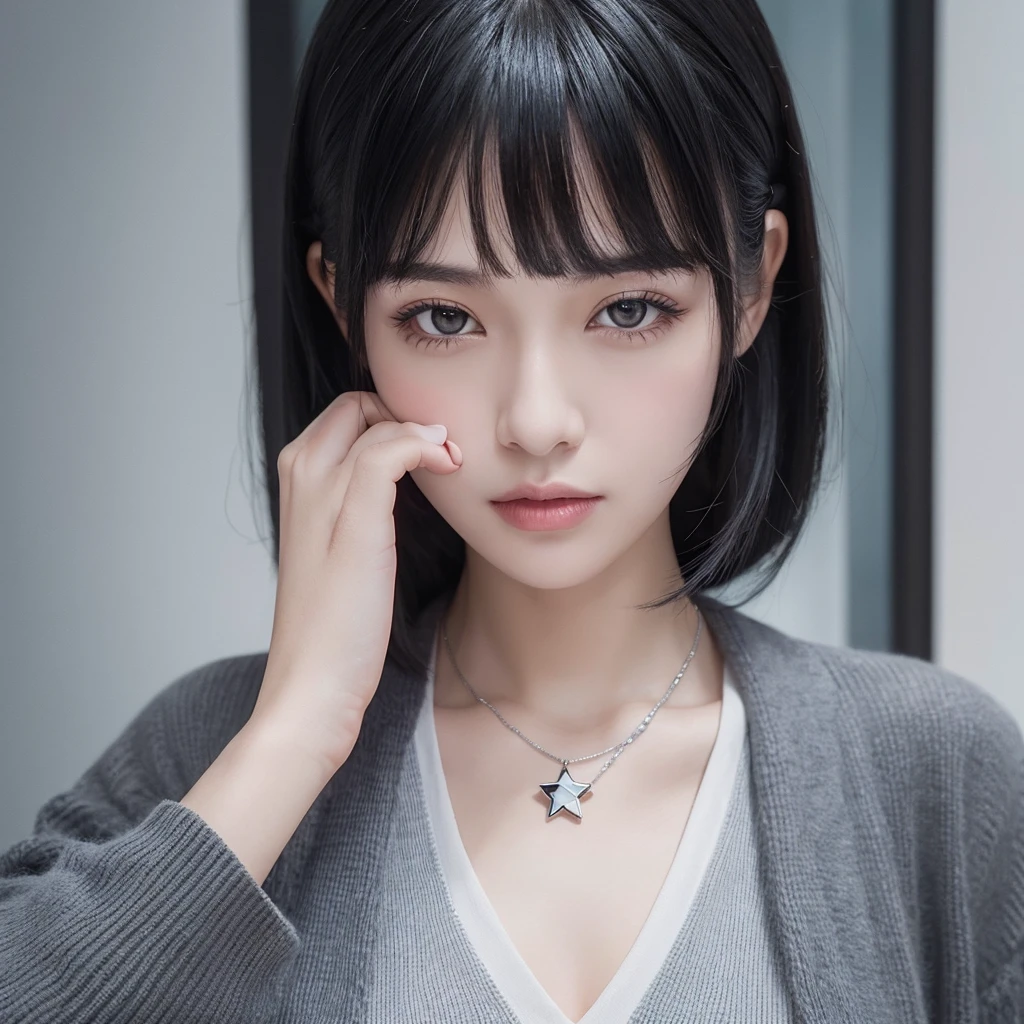 some white girl with black hair who wears bangs, taking a selfie, she is wearing a star necklace, the photo is supposed to be gray and black, SHE IS SERIOUS, the image has to be as realistic as possible 