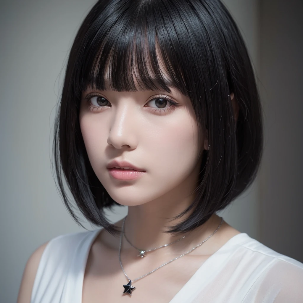 some white girl with black hair who wears bangs, taking a selfie, she is wearing a star necklace, the photo is supposed to be gray and black, SHE IS SERIOUS, the image has to be as realistic as possible 