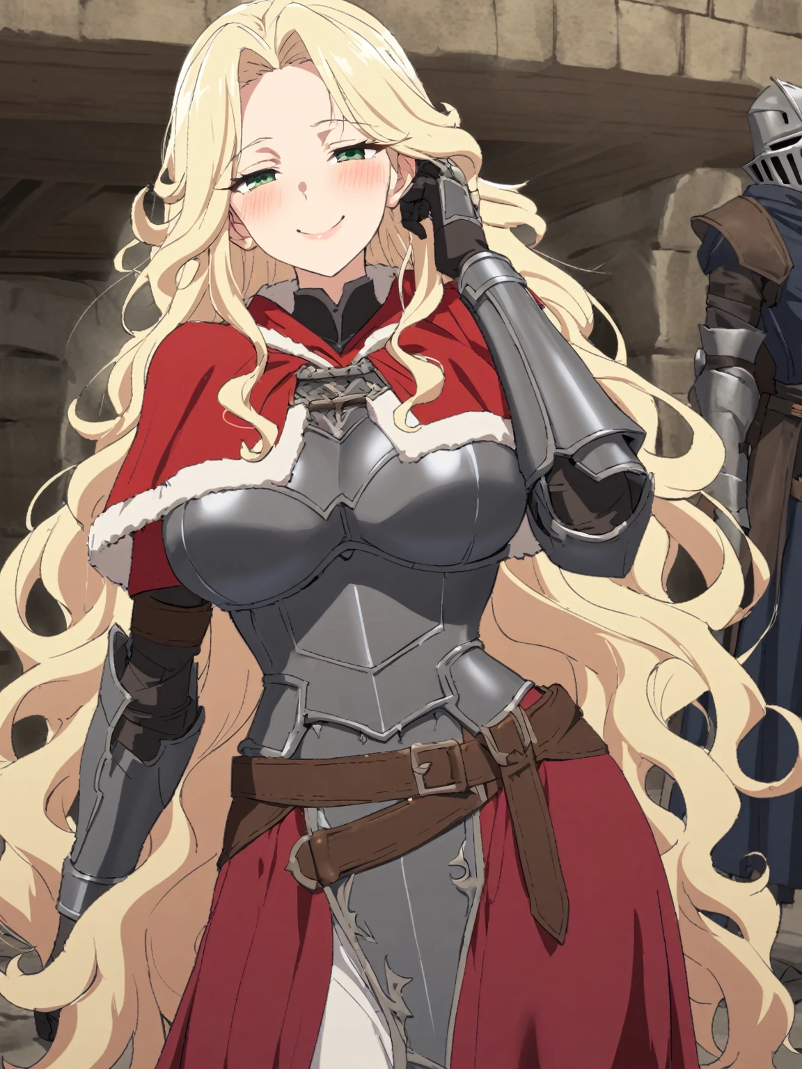 {{upper body}} {{Artist: sincos}} ight blond hair, green eyes, very long hair, curly hair, open forehead, smile, big breasts, full armor, iron armor, red capelet, leather belt, half-closed eyes, mechanical arm, tareme, hand on own cheek, waist cape, tall woman, lips, pov, medieval fantasy.