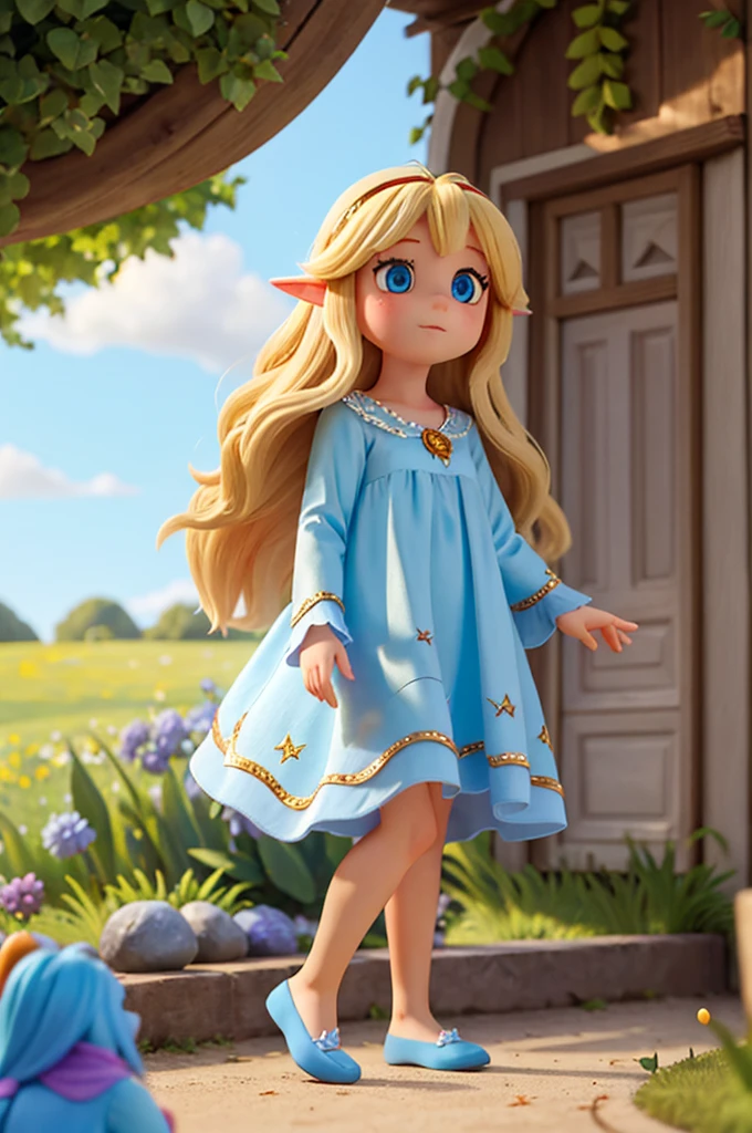 a with long golden hair, sparkling blue eyes in a light blue nightgown, around her, she sees extraordinary creatures: unicorns galloping free, birds with rainbow-colored feathers singing enchanting melodies and little gnomes working in the fields, hair blonde