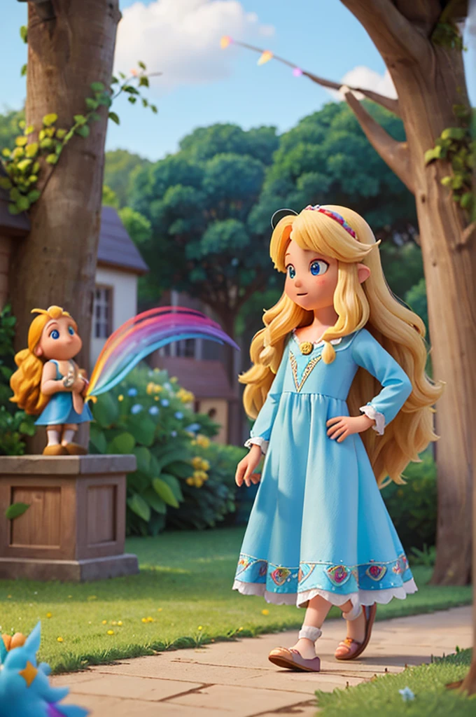 a with long golden hair, sparkling blue eyes in a light blue nightgown, around her, she sees extraordinary creatures: unicorns galloping free, birds with rainbow-colored feathers singing enchanting melodies and little gnomes working in the fields, hair blonde