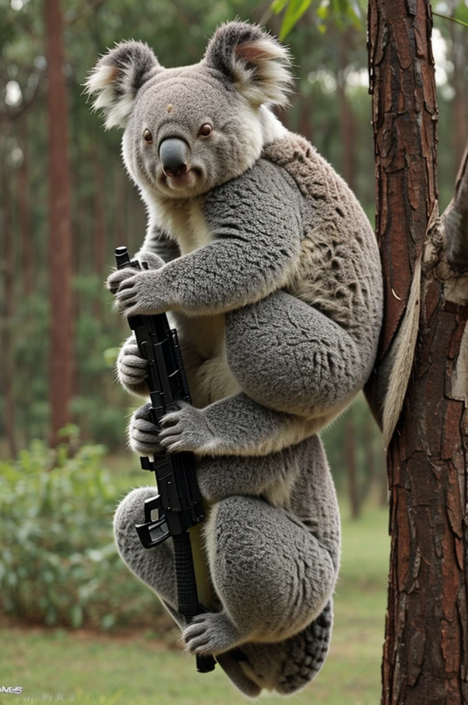 Create a full-body koala carrying an AK47 and wearing sunglasses 