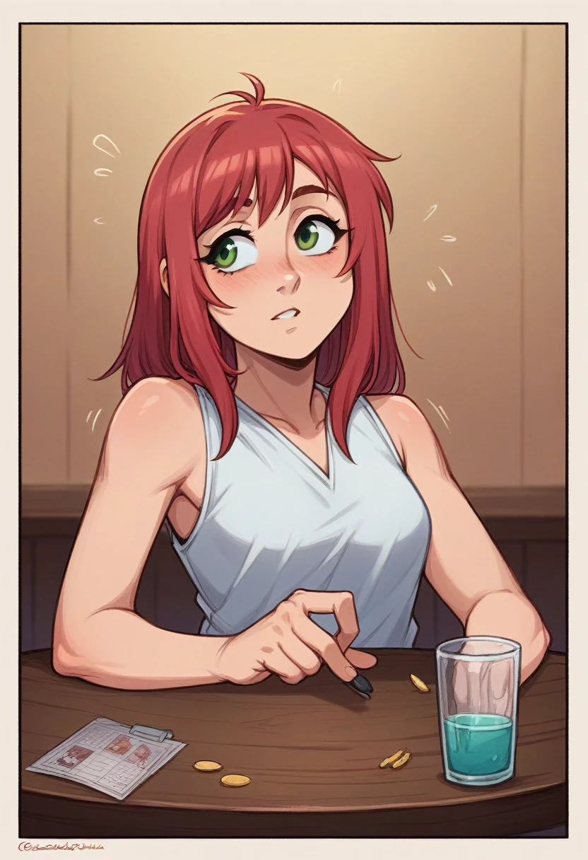 nsfw de Kenket, Tran Ross, Ruan Jia, zaush, Foxovh, por zackary911, por hyattlen, per tera, by fumiko, by Pixelsketcher, Directed by: Bayard Wu, Directed by: Thomas Benjamin Kennington, por Einshelm, por kilinah, by Coffeesoda, By Hioshiru, by fluff-kevlar, polvo r-mk, por Dimwitdog, walk away, Nazuna_Hiwatashi, Female fox with green eyes and red hair., wide, icon, leaning on a bar table, focus on your face, very beautiful and attractive woman, attractive look, sleeveless dress