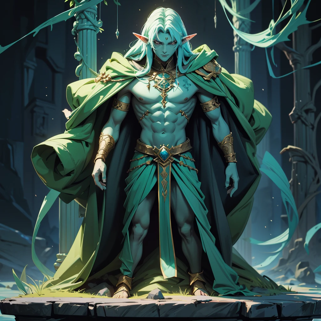 draw an ancient arcane looking sarcophagus, it is decorated by mysterious runes and green magical looking stones, inside are the preserved remains of a strange looking elf, it is well preserved but there is something slightly alien about him, there seems to be this web like tissue connecting him to the sarcophagus, in 4k high detail high quality deviant art artstation pixiv RPG fantasy anime style in a white empty background