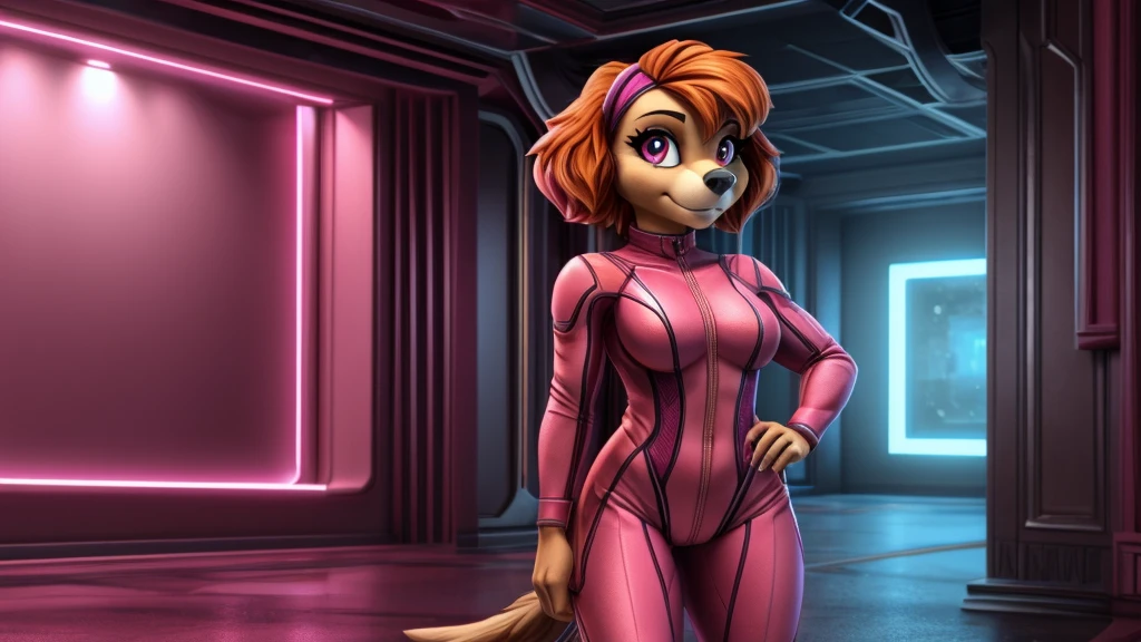 Skye from Paw Patrol, female cockapoo, anthro, mature adult, mommy, orange hair, magenta eyes, pink combat bodysuit, standing, detailed, solo, beautiful, high quality, 4K