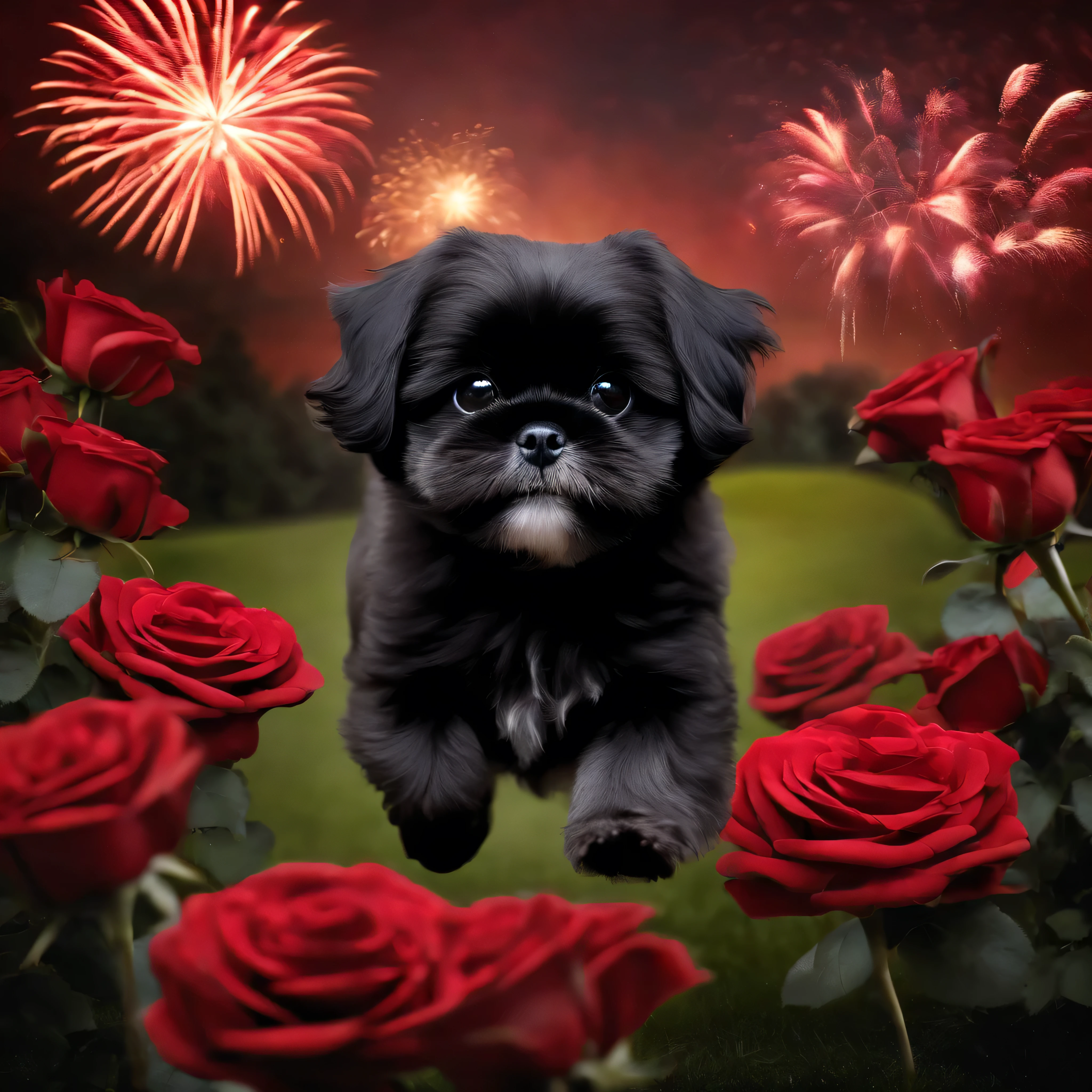 Adorable small black shih tzu wearing red collars jumping over red roses at park with fireworks in the background