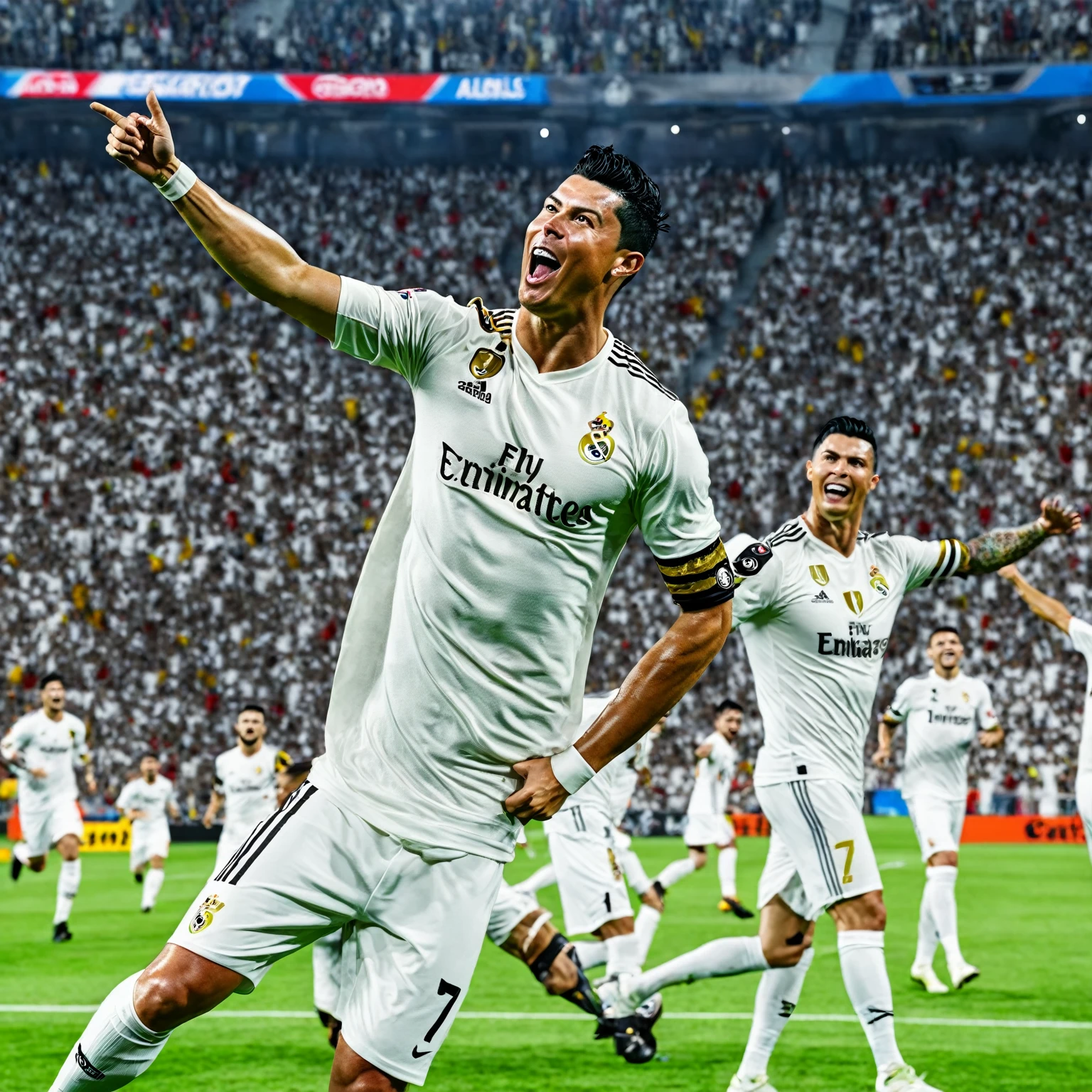 black-haired man celebrating a goal in a football game,football player as pirate white clubs, highly detailed 8K ❤🔥 🔥 💀 🤖 🚀, portrait of, celebrate goal, Ronaldo phenomenon, 😃😀😄☺🙃😉😗, 