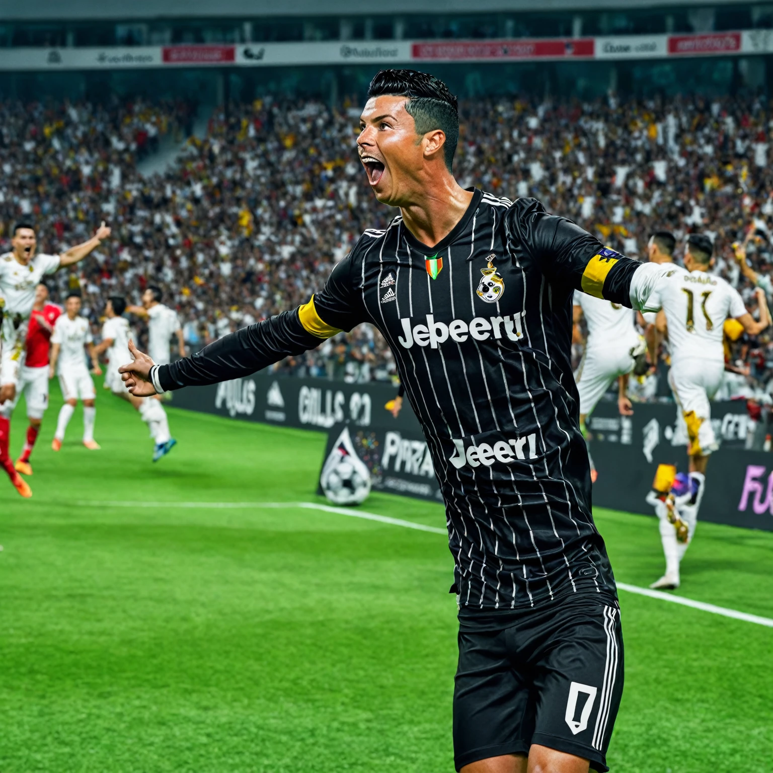 black-haired man celebrating a goal in a football game,football player as pirate white clubs, highly detailed 8K โค๐ฅ ๐ฅ ๐ ๐ค ๐, portrait of, celebrate goal, Ronaldo phenomenon, ๐๐๐โบ๐๐๐,