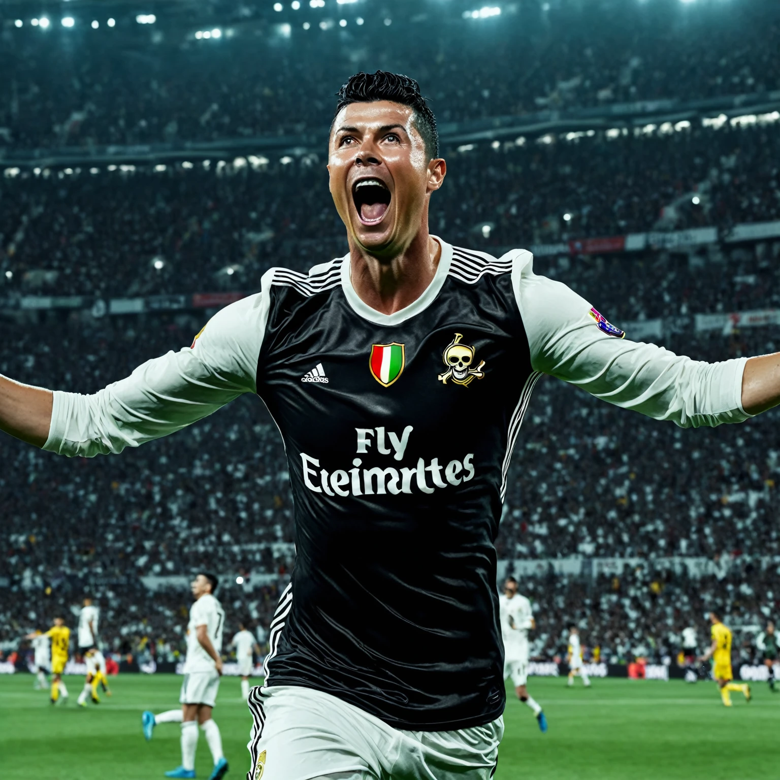 black-haired man celebrating a goal in a football game,football player as pirate white clubs, highly detailed 8K โค๐ฅ ๐ฅ ๐ ๐ค ๐, portrait of, celebrate goal, Ronaldo phenomenon, ๐๐๐โบ๐๐๐,