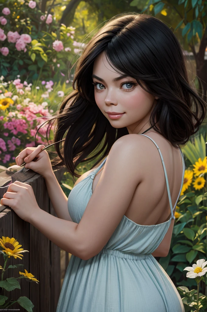 Adorable, Woman,big-eyed woman, round face. promenent lips. Smileing,In the garden,Her hands are behind her...., , large ass, wearing a cute sun dress. Picture from the side,looking at the scenes, intense colors, Very valuable details, complex details, volumetric lighting, digital art, 8k, trending on Artstation, Clear focus, complex details, highly detail, Greg Rutkowski Big Eyes, high-resolution, Black hair. Miranda Cosgrove and Molly Quinn