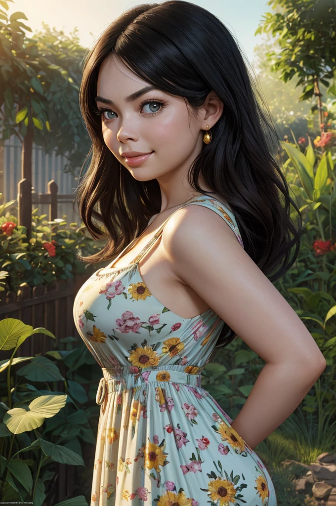 Adorable, Woman,big-eyed woman, round face. promenent lips. Smileing,In the garden,Her hands are behind her...., , large ass, wearing a cute sun dress. Picture from the side,looking at the scenes, intense colors, Very valuable details, complex details, volumetric lighting, digital art, 8k, trending on Artstation, Clear focus, complex details, highly detail, Greg Rutkowski Big Eyes, high-resolution, Black hair. Miranda Cosgrove and Molly Quinn