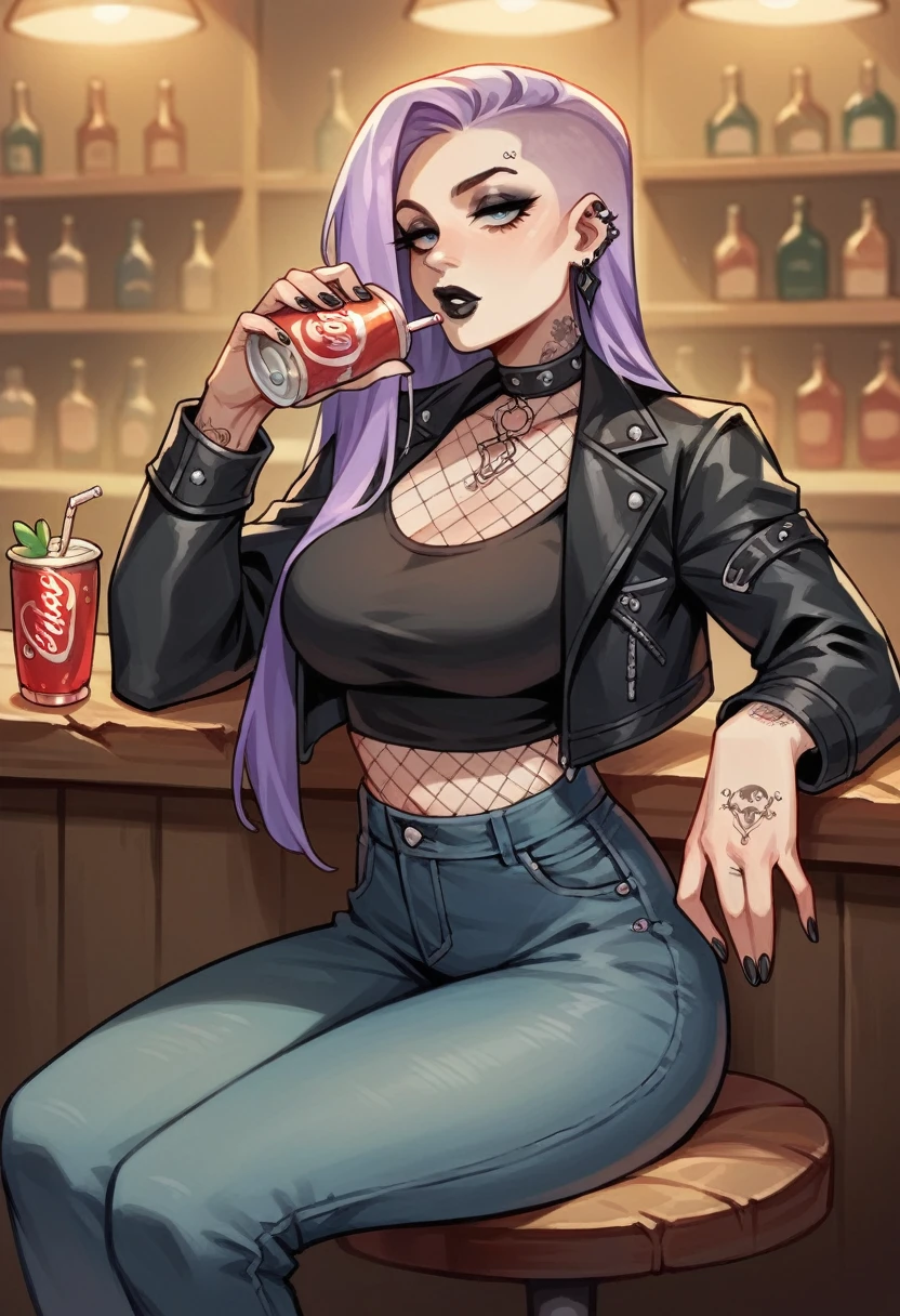 beautyful woman, gothic, mature woman, tattoos in whole body, slender body, long sidecut hair, lilac hair, long hair, black cropped, black spike jacket, black jeans, friendly look, black lipstick, sit in a pub, drinking soda