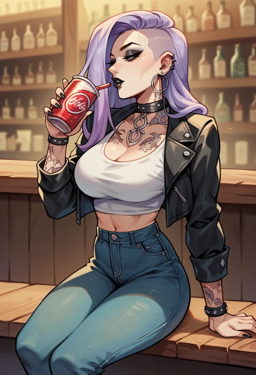 beautyful woman, gothic, mature woman, tattoos in whole body, slender body, long sidecut hair, lilac hair, long hair, black cropped, black spike jacket, black jeans, friendly look, black lipstick, sit in a pub, drinking soda