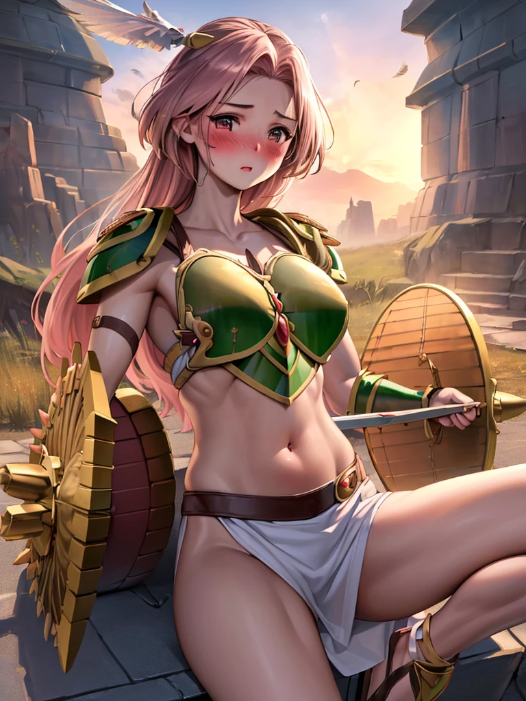 masterpiece, ultra-detailed, best quality, extremely detailed, 8K, high res, realistic, 1girl, 18yo, beautiful girl,BREAK,(Armor:1.8),(blush:1.5),BREAK,(Navel exposed:1.4),With a sword and shield,Feather,