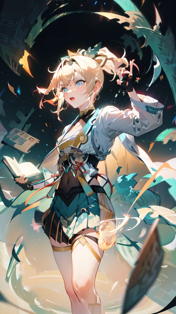 Magic Circle, book, glowing,1girl, wand, male focus, Wizard girl, long hair, night sky, holding, Colorful Galaxy, holding sword, sheath, holding weapon, ponytail, outdoors, star (sky), Sparkling magical effects, blonde hair, fingerless gloves, black gloves, bangs, pleated skirt, ponytail, blue eyes, black hairband, hair ornament, leaf hair ornament, covered navel, kazama iroha