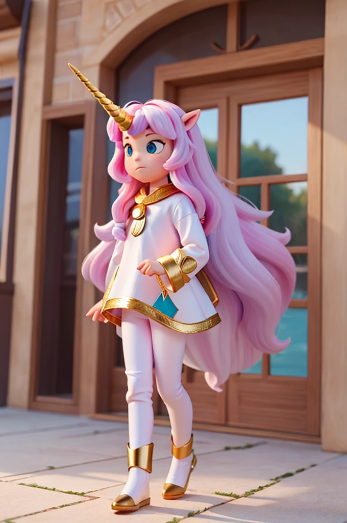 an unicorn wit kid long hair gold