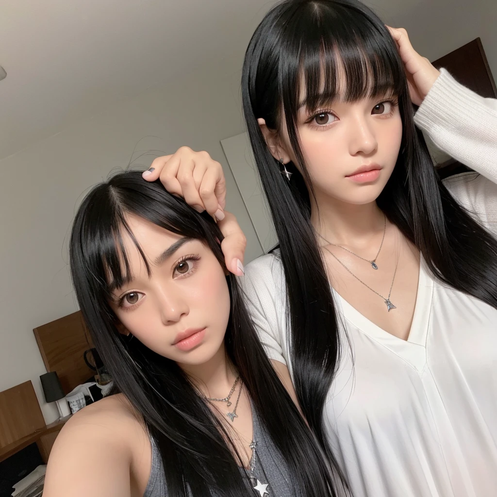 some white girl with black hair who wears bangs, her hair is long and her bangs go to her eyebrows, taking a selfie, she is wearing a star necklace, the photo is supposed to be gray and black, SHE IS SERIOUS, the image has to be as realistic as possible , She is Brazilian 