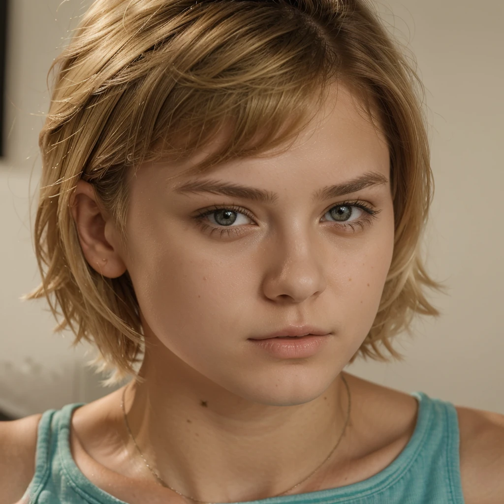 18 year old girl with short blonde hair, cute, pretty, crock top, focus on face