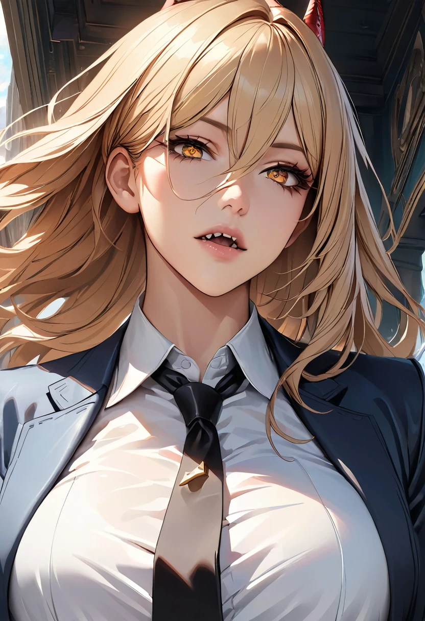 best quality, highest quality, masterpiece, ultra-detailed, hyper-detailed, award-winning, photorealistic background, cinematic lighting, trending on artstation, 8K wallpaper, extremely detailed, intricate, illustration, close-up portrait, powerdef, sharp teeth, cross-shaped pupils, blue jacket, long sleeves, white shirt, black necktie, torn jeans, Air Jordan 1 shoes, Power from Chainsaw man, blonde hair, open clothes, thick thighs, perfect face, very deep eyes, detailed eyes, sidelight, high-resolution, intricate details, detailed fingers, beautiful face, dynamic pose, full-body, mature female, eyeshadow, mascara, hourglass figure,