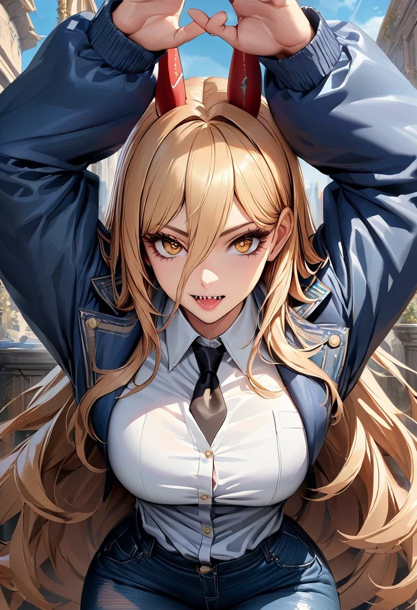 best quality, highest quality, masterpiece, ultra-detailed, hyper-detailed, award-winning, photorealistic background, cinematic lighting, trending on artstation, 8K wallpaper, extremely detailed, intricate, illustration, close-up portrait, powerdef, sharp teeth, cross-shaped pupils, blue jacket, long sleeves, white shirt, black necktie, torn jeans, Air Jordan 1 shoes, Power from Chainsaw man, blonde hair, open clothes, thick thighs, perfect face, very deep eyes, detailed eyes, sidelight, high-resolution, intricate details, detailed fingers, beautiful face, dynamic pose, full-body, mature female, eyeshadow, mascara, hourglass figure, 