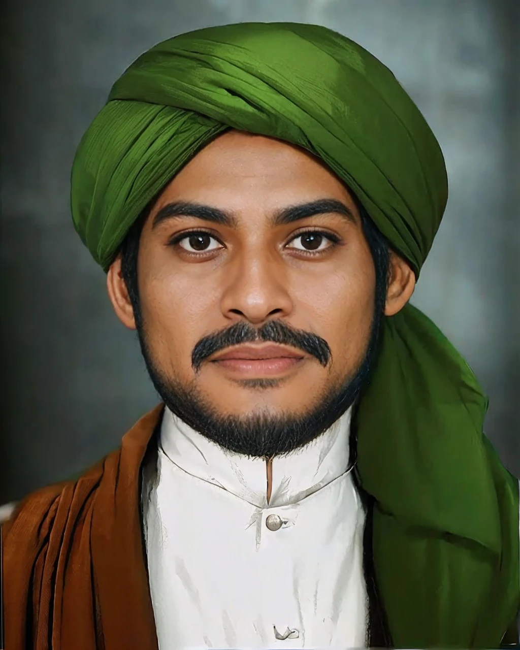 Muslim man, brown skin aged 40 years or over, wearing a shabby cloth robe, cloth turban. Hd realistic photos