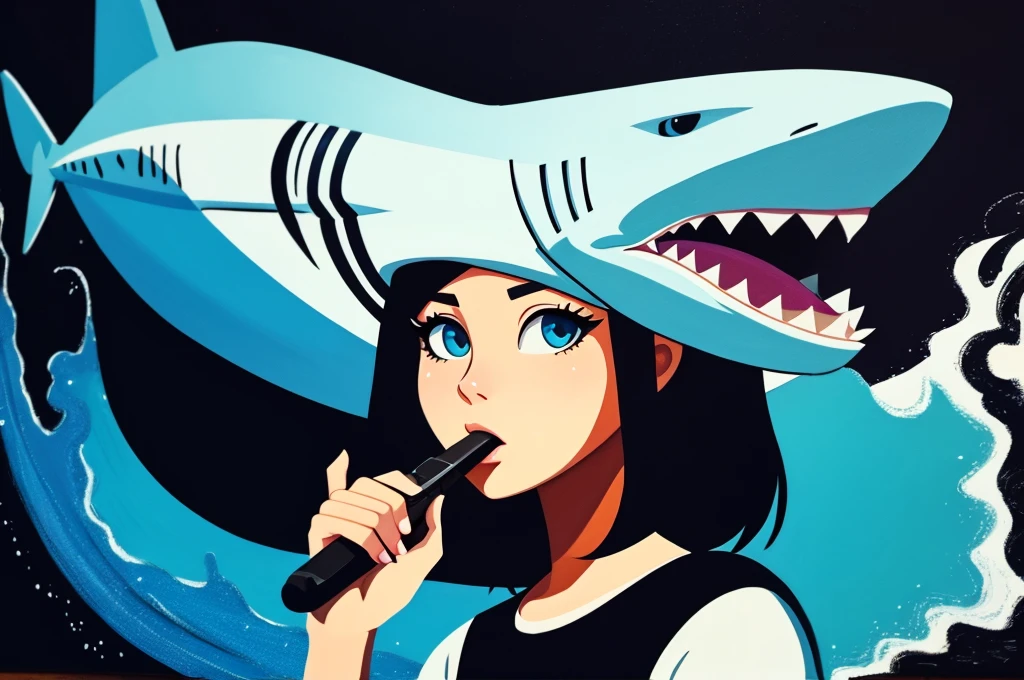 [[(front: attractive young girl looks into the mouth of a shark , Very colorful, Best Improvisation,)((Andrea Solario style))])):20]/[background: landscape (mural on wall: A vector design for a t-shirt, with a black background featuring elements of [[shark] in the style of hyper-detailed illustrations with a colorful, cartoonish style in high resolution using [green + gray] colors and hard edge lines, along with swirling details and high contrast))]/[two-color lighting, ((oil painting palette knife))((masterpiece)),((highest detail))]]