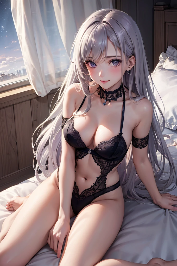 (Best Quality,High resolution,8K,finelity detailed background,Masterpiece:1.2),beautiful girl,Glossy romance gray hair,messy hair,Gray eyes,Gentle look,A refreshing look,Best quality,Best Quality,Aesthetic and aesthetic:1.2,Best details((Super detailed))(High-definition CG illustrations),Purple underwear (purple,intricate lace),Slender body,Late Night,Moonlit Night,Bedroom,On the bed,smile,blush,cute,Scrounge,Looking up,Being spoiled,super model,wariza,shoot from above