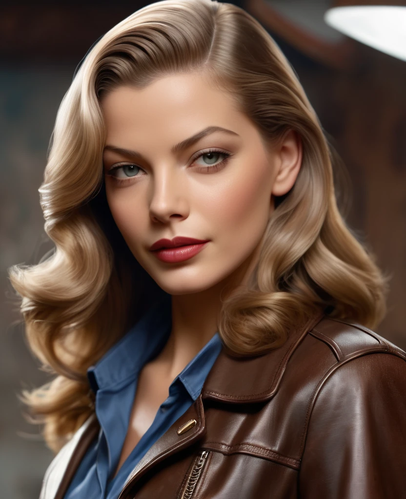 American Plan, ultra net, Face camera, sur fond uni clair, studio, beautiful young woman resembling young Lauren Bacall, 30 ans, yeux bleus, casual wear : Dirty old dark smuggler's dark brown leather jacket,satin shirt, faible revenu, Photorealistic portrait, Perfect detailed body, Stunning realistic photography, rendu 3D, rendu octane, meticulously detailed, cinematic, isometric, Hyperrealistic cover photo centered, awesome color, high-definition, cutscene, gagnant du concours Behance, ultra high def, 8k, mise au point ultra nette, Intricate masterpiece of art