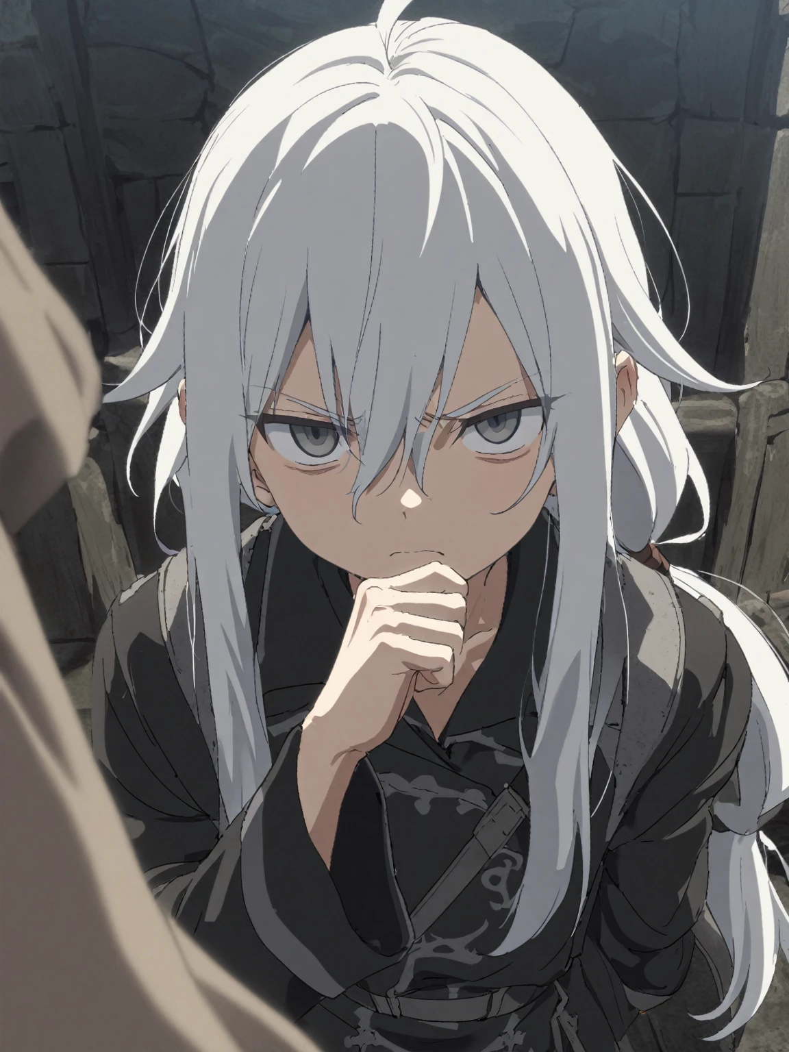 {{upper body}} {{Artist: sincos}} 1boy, solo, facing viewer, grey eyes, white hair, long hair, black military uniform, serious, long bangs, hair between eyes, spiky sidelocks, hand on own chin, sidelocks, narrow eyes, ((low ponytail)), pov, medieval fantasy.
