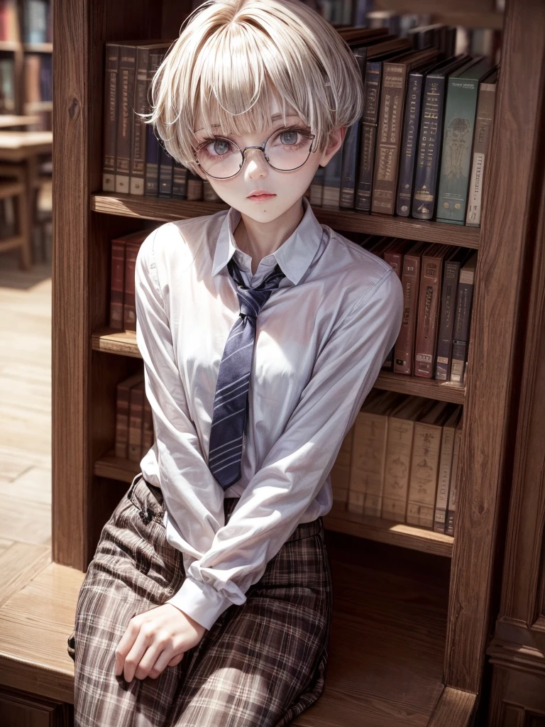 1girl, elegant bearing, small, slender build, short height, narrow shoulders, pale skin dotted by freckles, short platinum blonde hair, (((pixie cut hairstyle))), (((boyish hair))), (dark green eyes), silver glasses, cute facial features with an underlying elegance, thin lips, small breasts, 15 years old female, RAW photo, ((slim body: 1)), (HQ skin: 1.4), 8k uhd, dslr, soft light, high quality, ((school uniform, white clothes, gold accents, (looking at viewer:1.4), library
