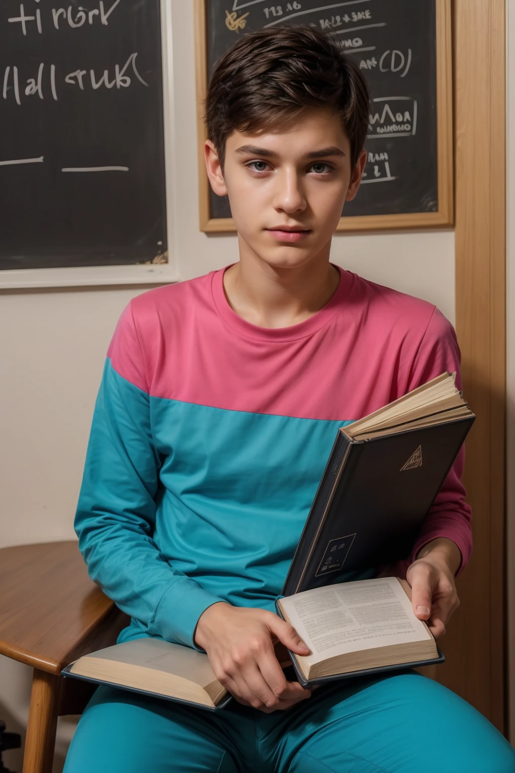 A beautiful young male twink with dark circles under his eyes. He has black hair and a face with make-up. He is wearing a bright pink long-sleeved shirt and aqua blue pants. He is in his office, sitting at a study desk, reading a huge book. Behind him is a blackboard with calculus written on it.  Integration and radiating neon energy comes out of the board.