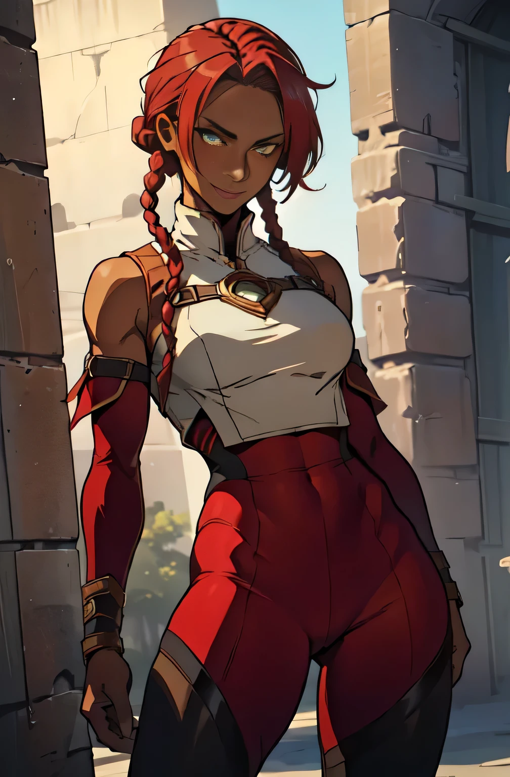 muscular girl,, ((1woman)), medium breasts, (yellow eyes), red hair, short hair,(( long twin_low_braids)), dark skin:1.3 , smirking , red tunic, gray leggings , ((detailed eyes, perfect eyes)), detached sleeves, dark red hair, standing, tall, confident 