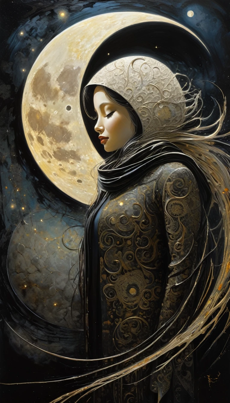 the moon, Artwork inspired by Dave Mckean, intricate details, oil painted