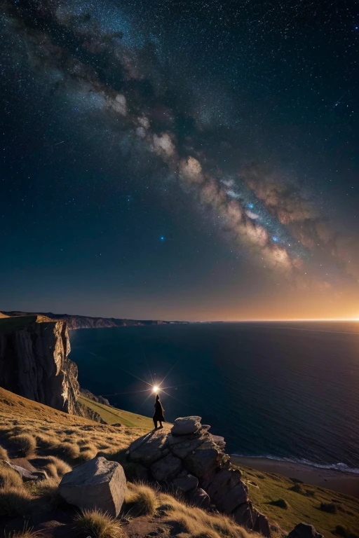 ((best qualityer)), ((work of art)), (detailded), persona, standing backwards, on top of a valley of rocks, sky with spiral of colorful cosmic energies, many stars, watching the valley from above