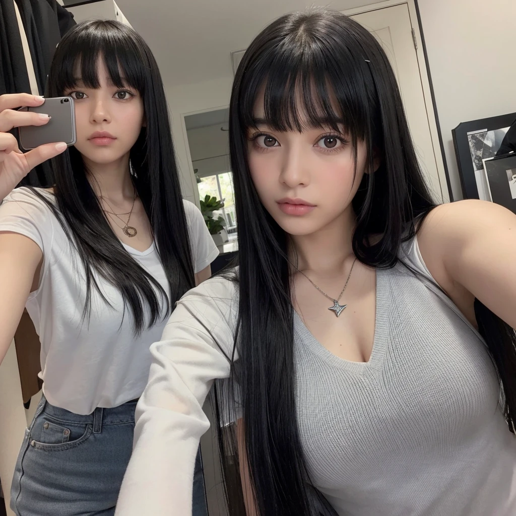 some white girl with black hair who wears bangs, her hair is long and her bangs go to her eyebrows, taking a selfie, she is wearing a star necklace, the photo is supposed to be gray and black, SHE IS SERIOUS, the image has to be as realistic as possible , She is Brazilian , shes alone, she is 17 years old, doesn&#39;t look very old