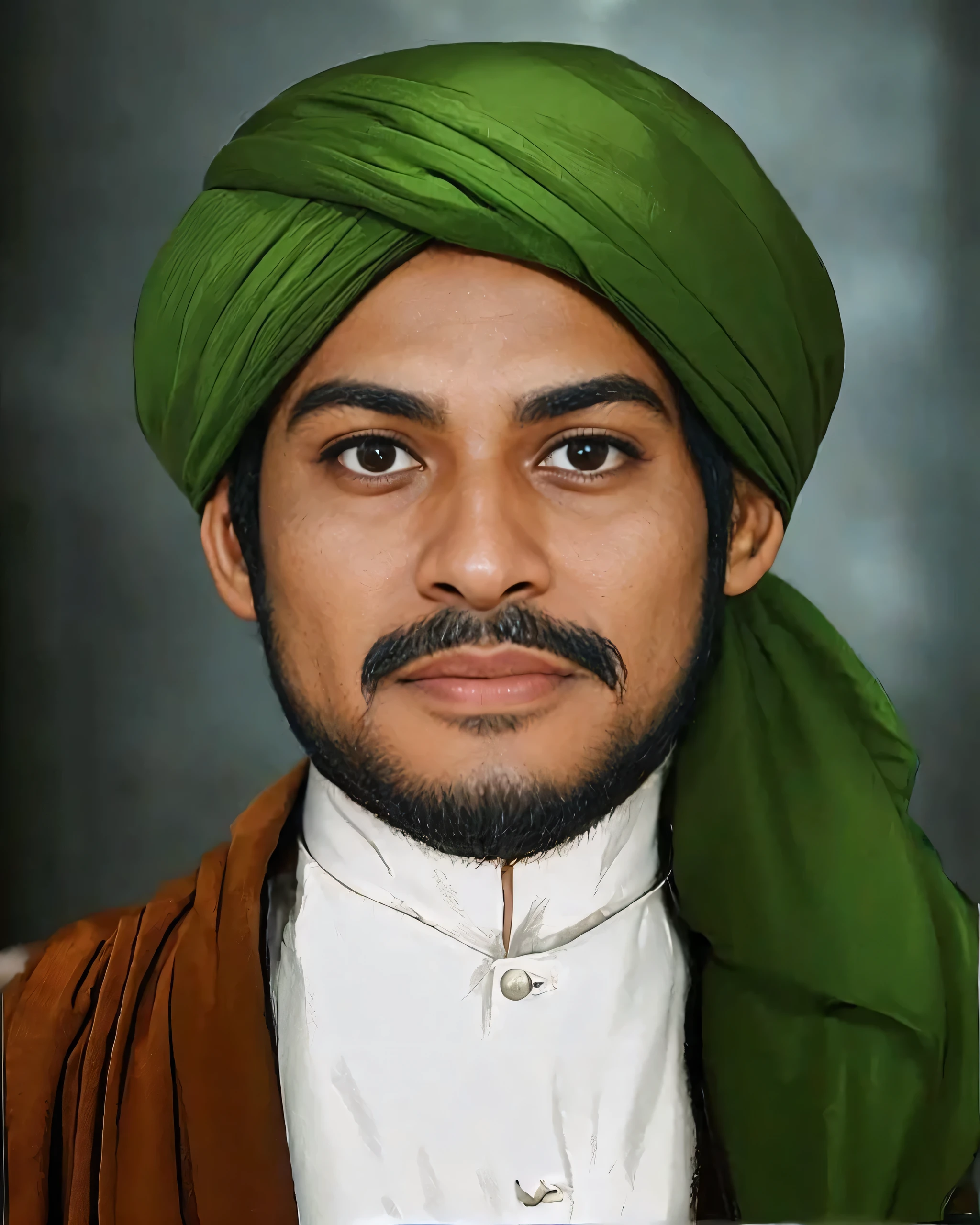 Muslim man, brown skin aged 40 years or over, wearing a shabby cloth robe, cloth turban. Hd realistic photos
