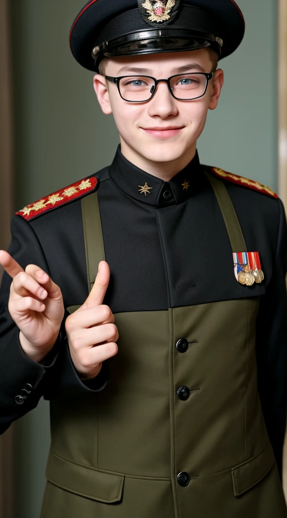 Russian teen boy, wearing black military clothes, wearing black beret, wearing rounded prescription glasses, with an evil smile face, showing the middle finger.