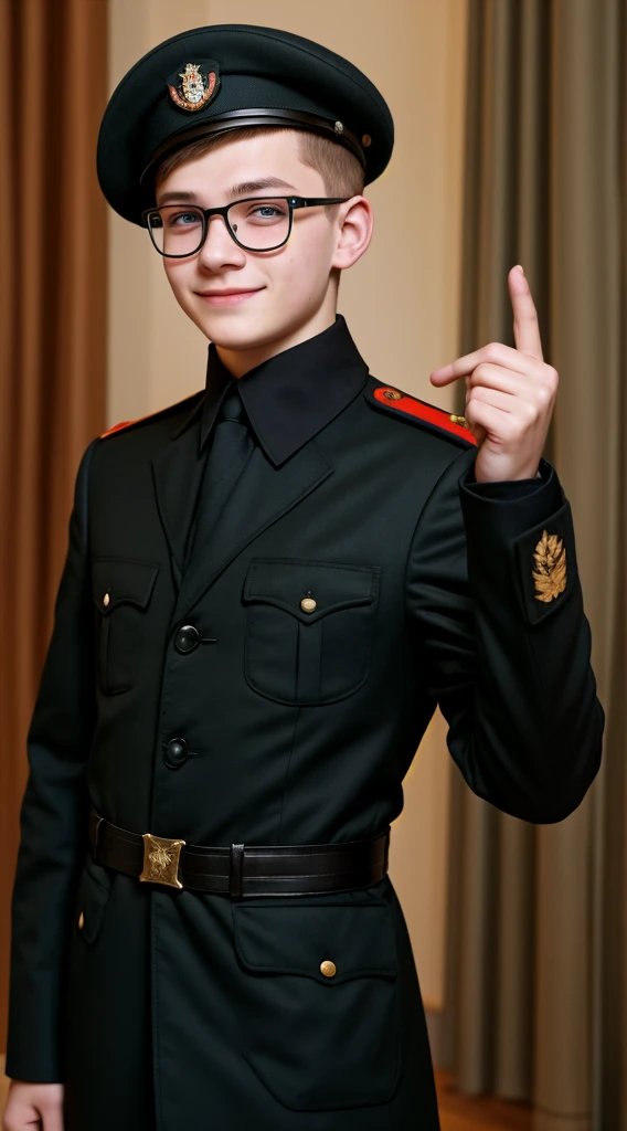 Russian teen boy, wearing black military clothes, wearing black beret, wearing rounded prescription glasses, with an evil smile face, showing the middle finger.