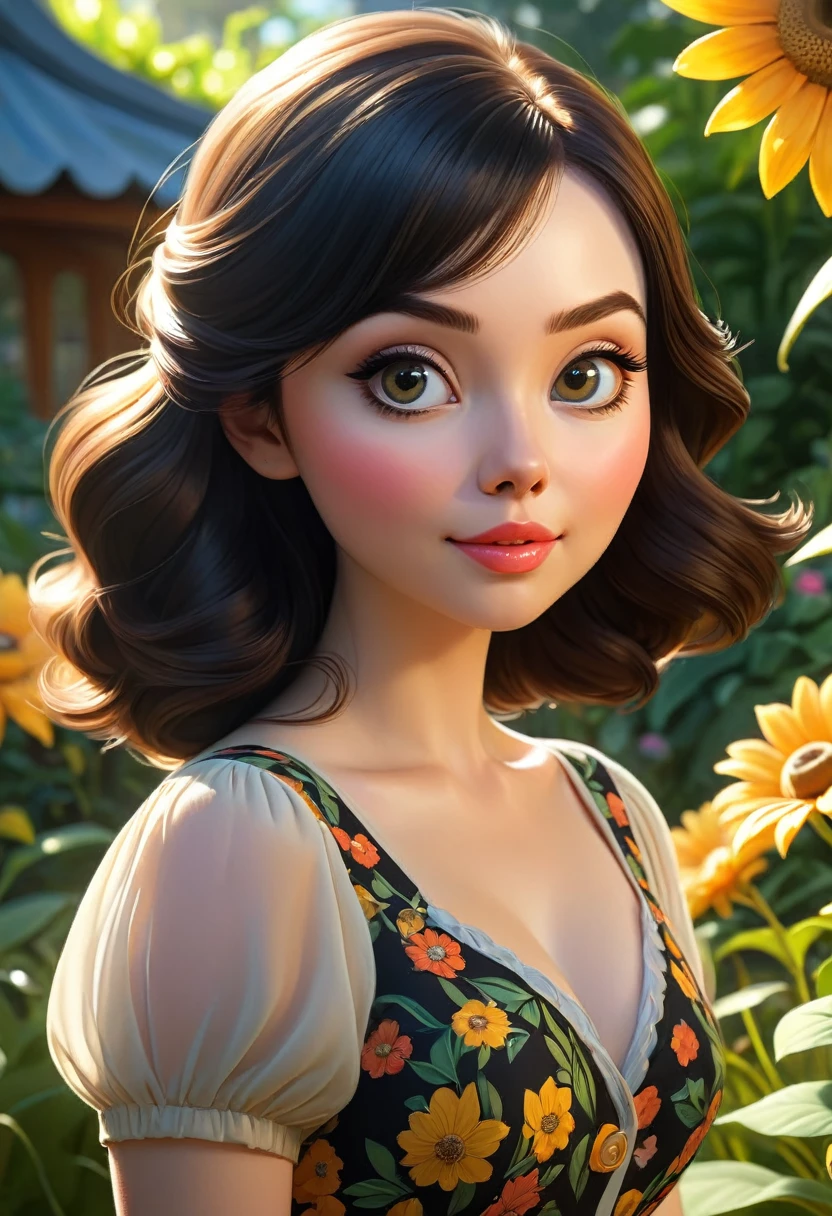 Adorable, Woman,big-eyed woman, round face. promenent lips. Smileing,In the garden,Her hands are behind her...., , large ass, wearing a cute sun dress. Picture from the side,looking at the scenes, intense colors, Very valuable details, complex details, volumetric lighting, digital art, 8k, trending on Artstation, Clear focus, complex details, highly detail, Greg Rutkowski Big Eyes, high-resolution, Black hair. Miranda Cosgrove and Molly Quinn