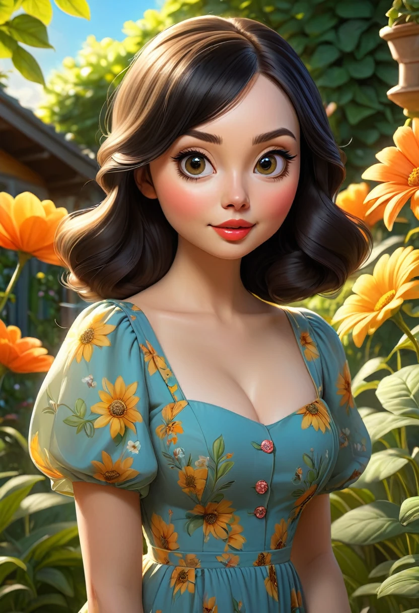 Adorable, Woman,big-eyed woman, round face. promenent lips. Smileing,In the garden,Her hands are behind her...., , large ass, wearing a cute sun dress. Picture from the side,looking at the scenes, intense colors, Very valuable details, complex details, volumetric lighting, digital art, 8k, trending on Artstation, Clear focus, complex details, highly detail, Greg Rutkowski Big Eyes, high-resolution, Black hair. Miranda Cosgrove and Molly Quinn