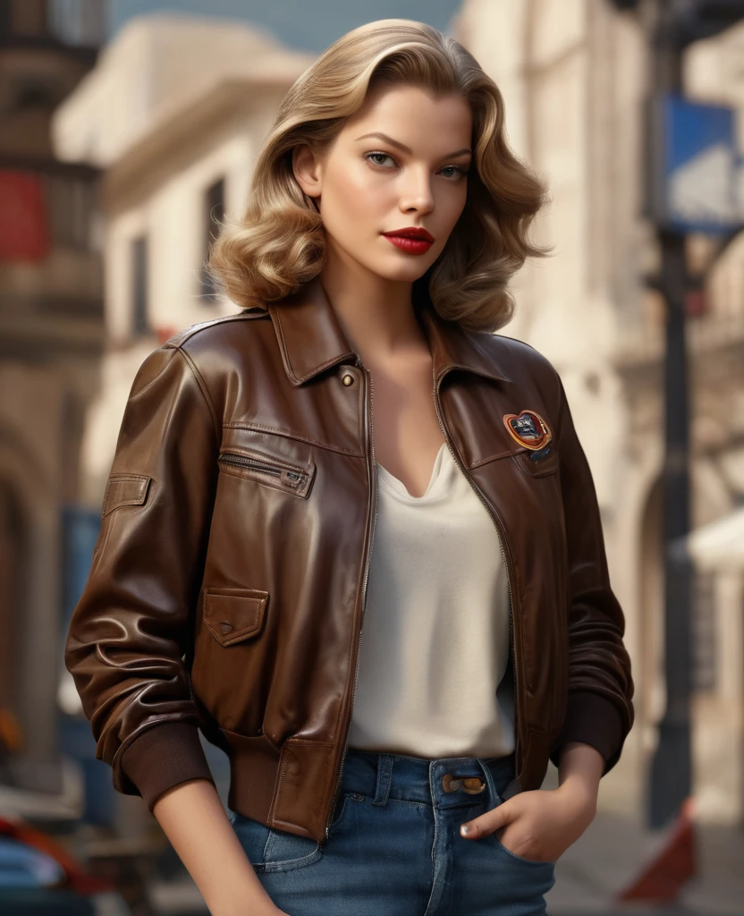 American Plan, ultra net, Face camera, sur fond uni clair, studio, beautiful young woman resembling young Lauren Bacall, 30 ans, yeux bleus, casual wear : Dirty old dark smuggler's dark brown leather bomber jacket,silk shirt, faible revenu, Photorealistic portrait, Perfect detailed body, Stunning realistic photography, rendu 3D, rendu octane, meticulously detailed, cinematic, isometric, Hyperrealistic cover photo centered, awesome color, high-definition, cutscene, gagnant du concours Behance, ultra high def, 8k, mise au point ultra nette, Intricate masterpiece of art